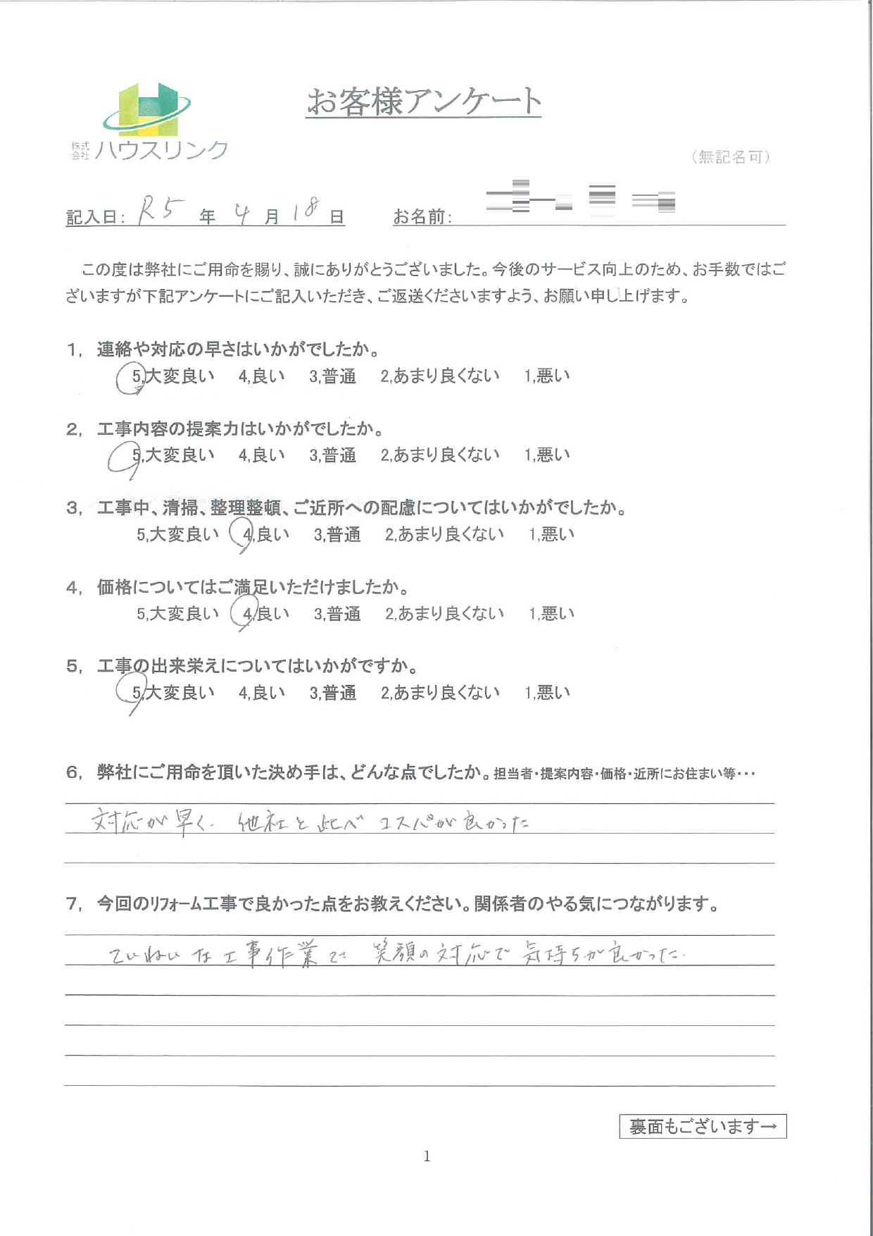 2023.4入間市水栓交換お客様アンケート